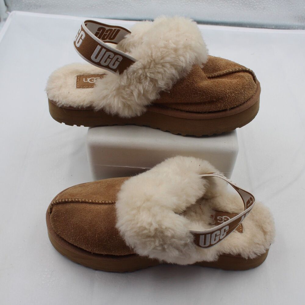 UGG Funkette Big Kids Size 1 Youth Slipper Chestnut Brown Suede Platform Fur